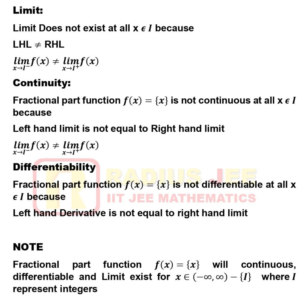 Limit Continuity and Differentiablity of Fractional Part Function by RADIUS JEE